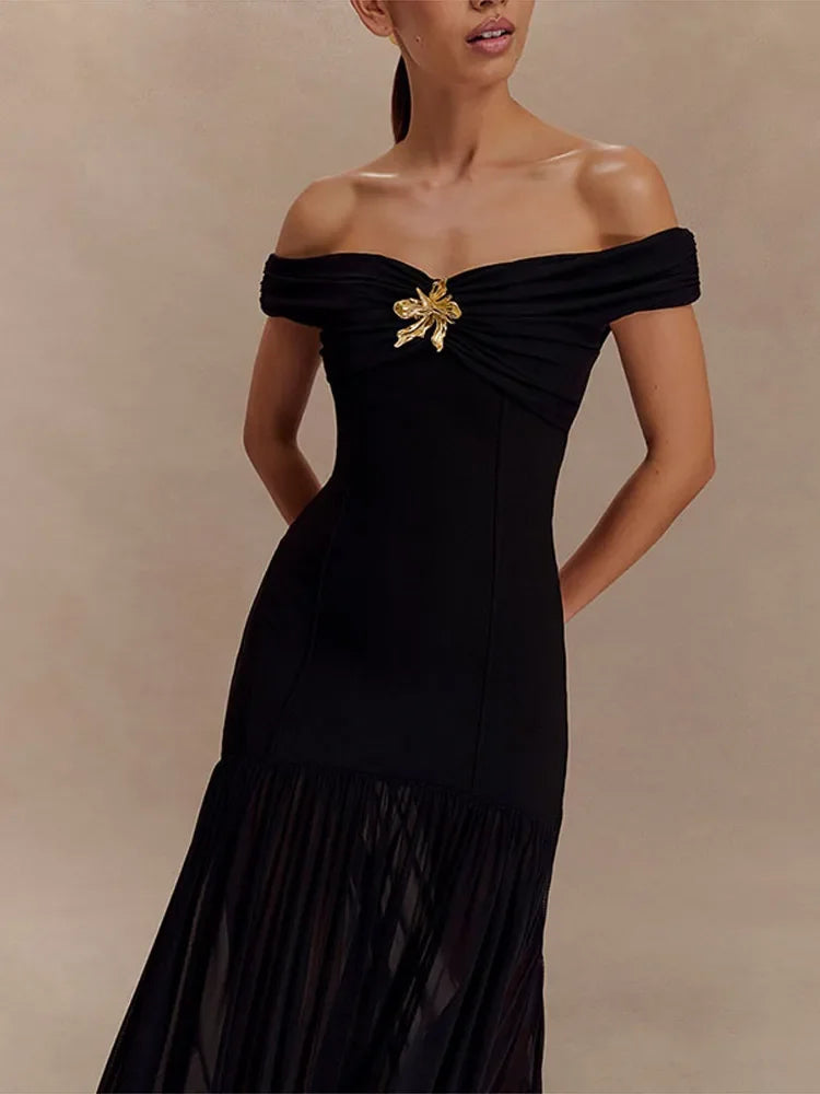 Aiertu  -  Elegant Slash Neck Pleated Mesh Patchwork Dress Women Fold Sleeveless Backless Chic Summer 2025 Robe Slim Sexy Party Dresses Aiertu