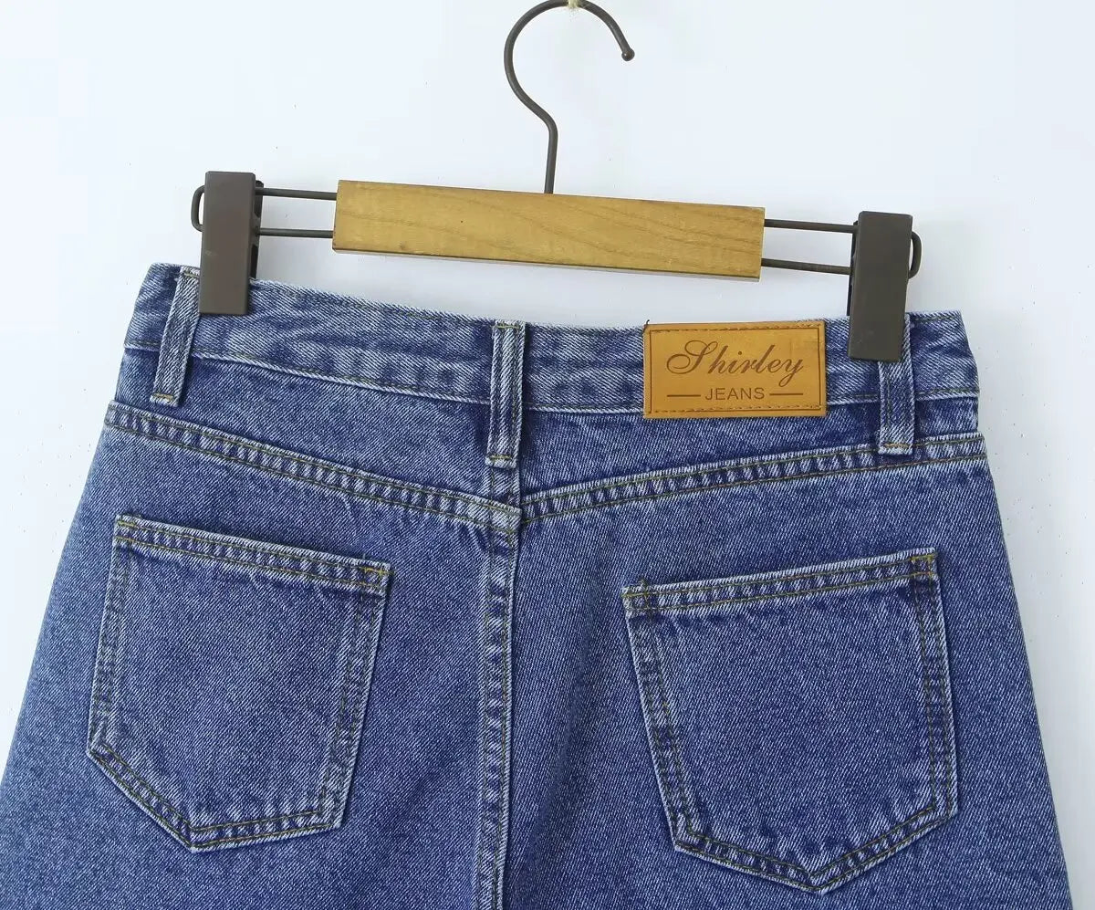 Aiertu  -  European and American style blue straight denim shorts women's summer high waist slim five-point wide-leg pants Aiertu