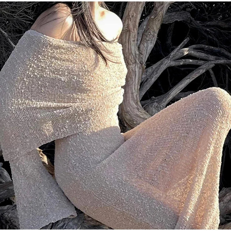Aiertu  -  Sexy Strapless Knit Dress Women Slim Hollow Out Female Long Sleeve Female Dresses 2026 Spring Summer Fashion Beach Holiday Robe Aiertu