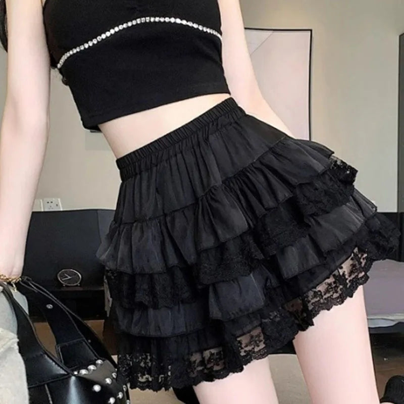 Aiertu Elastic Gothic Lace Tutu Skirt Women Black Mesh Detail Petticoat Sexy Mini Tulle Skirts Party Club Wear Dancer Aiertu