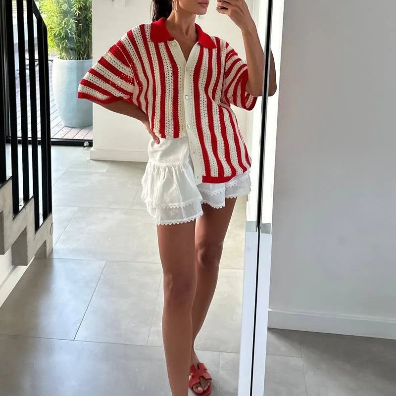 Aiertu  -  Red Striped Crochet Blouse Women Summer New Single Breasted Lapel Collar Hollow Out Blouses Streetwear Casual Short Sleeve Shirt Aiertu