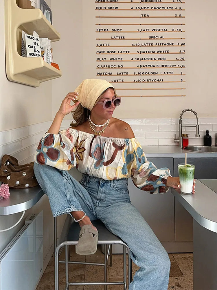 Aiertu  -  Off Shoulder Printed Top Half Skirt Women 2PCS Set Lantern Sleeve Pleated Crop Fluffy Blouse Pullover High Waisted Long Skirts Aiertu