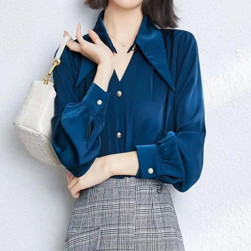 Aiertu Elegant Chic Shirts Women Turn Down Collar Long Sleeve Hollow Out Blouse Office Lady Spring Korean Ol Solid Button Tops Aiertu