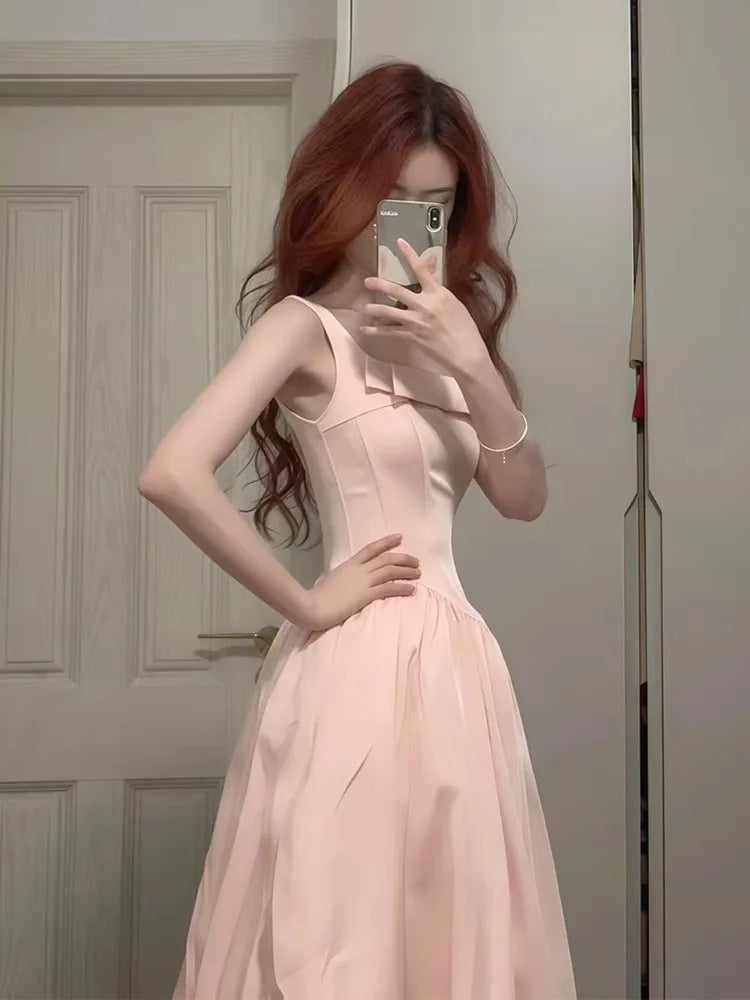 Aiertu  -  French Style Hot Girl Pink Dress Women's Spring Slim Fit Square Collar Strap A-line Dress Fashion Female Clothes Aiertu