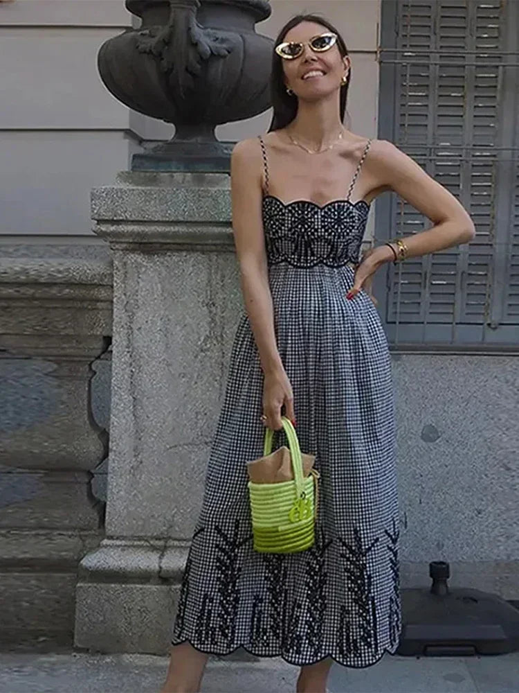 Aiertu  -  Sexy Plaid Print Sling Dress Women Hollow Out Tube Top Backless Sleeveless A-line Dresses 2026 Summer Lady Holiday Vestidos Aiertu