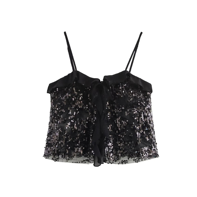 Aiertu  -  Fashion Sequin See-through Top Women Sling Sleeveless Backless Ruffle Ribbon Tops Female 2025 Spring Summer Chic Solid Lady Tank Aiertu