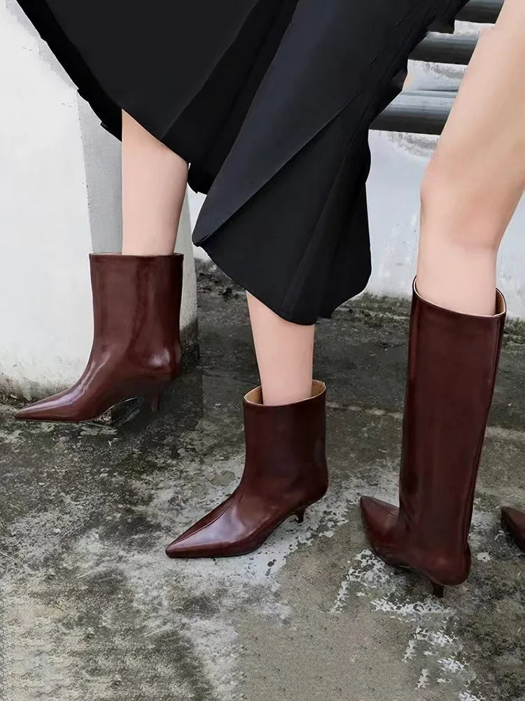 Aiertu    -  Burgundy Patent Leather High-Top Long Boots For Women Wine Red Pointed Toe Slip On Botas Largas De Mujer Kitten Low Heels Mature Aiertu