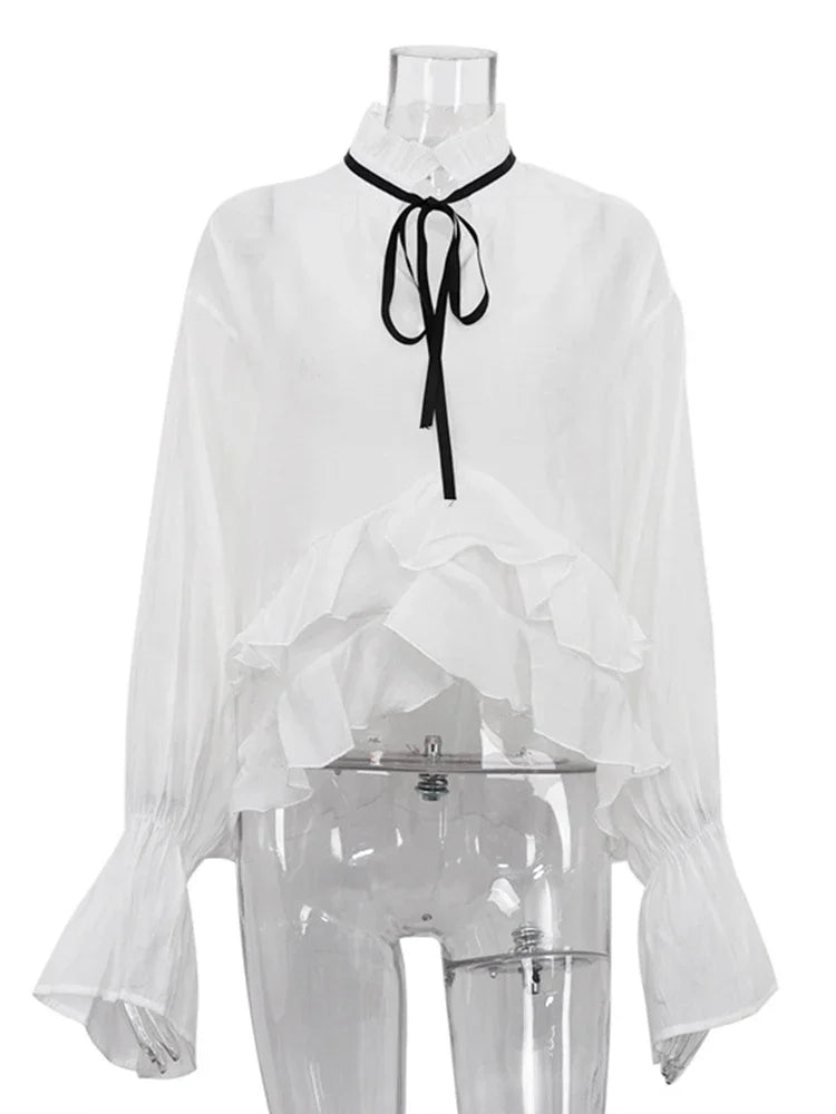 Aiertu  -  Sexy See-Through White Shirt Female Lace Up Ruffled Collar Long Sleeve Blouse 2026 Autumn Fashion Elegant Women's Shirt Aiertu