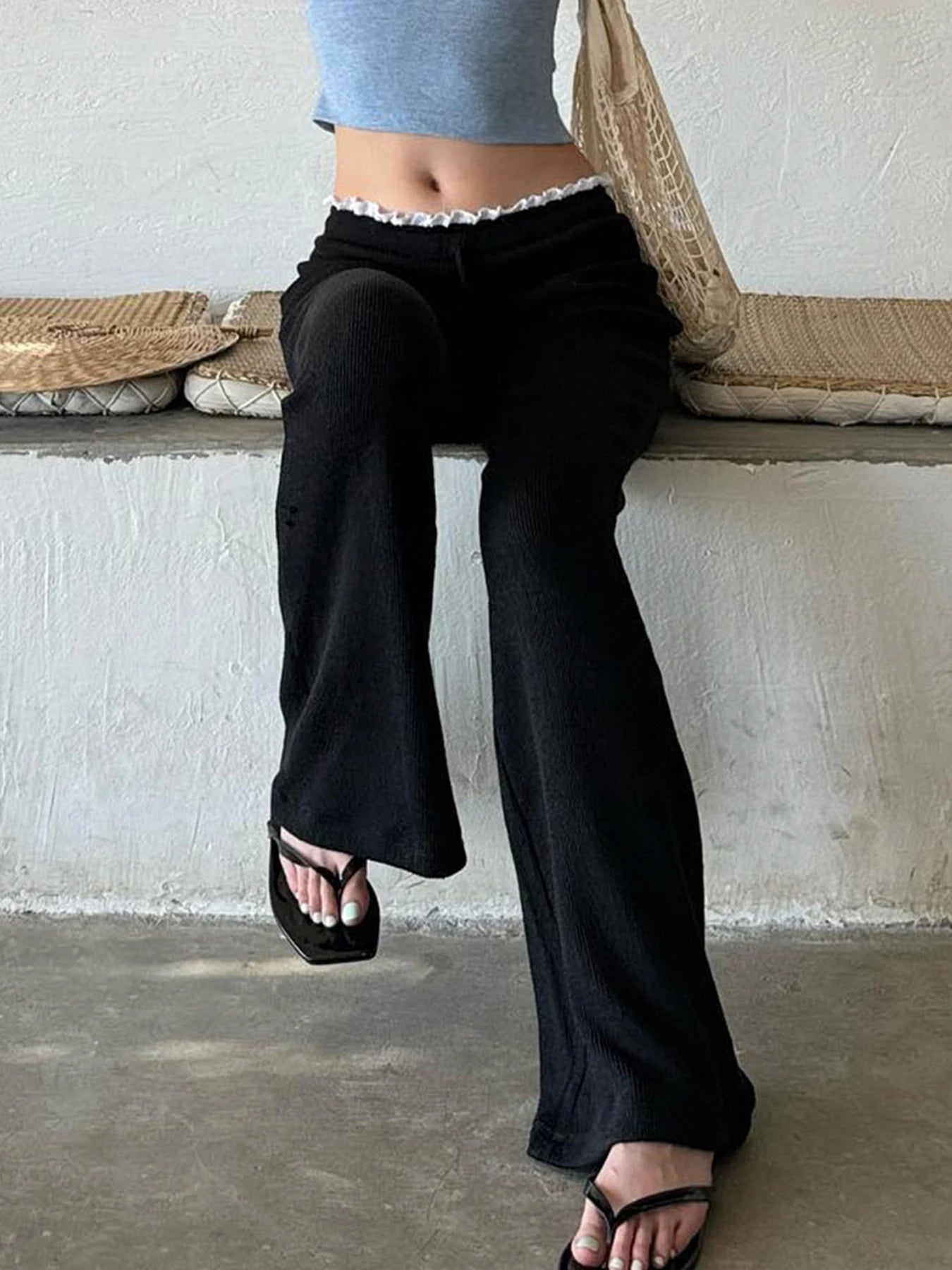 Aiertu  -  Black Knit Flared Leggings Women Kawaii Ruched Patchwork Low Rise Skinny Casual Pants for Summer Streetwear y2k Trousers Aiertu