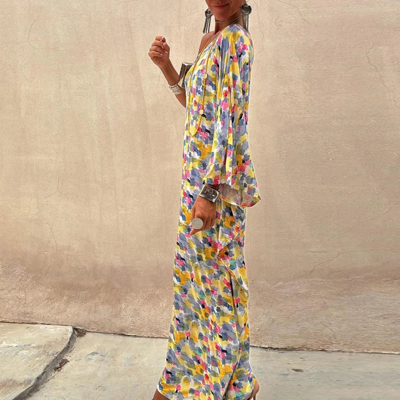 Aiertu  -  Summer Sexy Diagonal Collar Loose Party Dress Women Fashion Pattern Print Holiday Long Dress Casual Flared Sleeves Maxi Dresses Aiertu