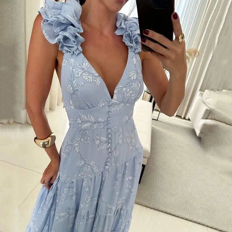 Aiertu  -  Women Maxi Dress Elegant Sweet Sleeveless V Neck Petal Sleeve Cross-Strap Printed Nipped Waist Backless Lace Up Dresses Aiertu