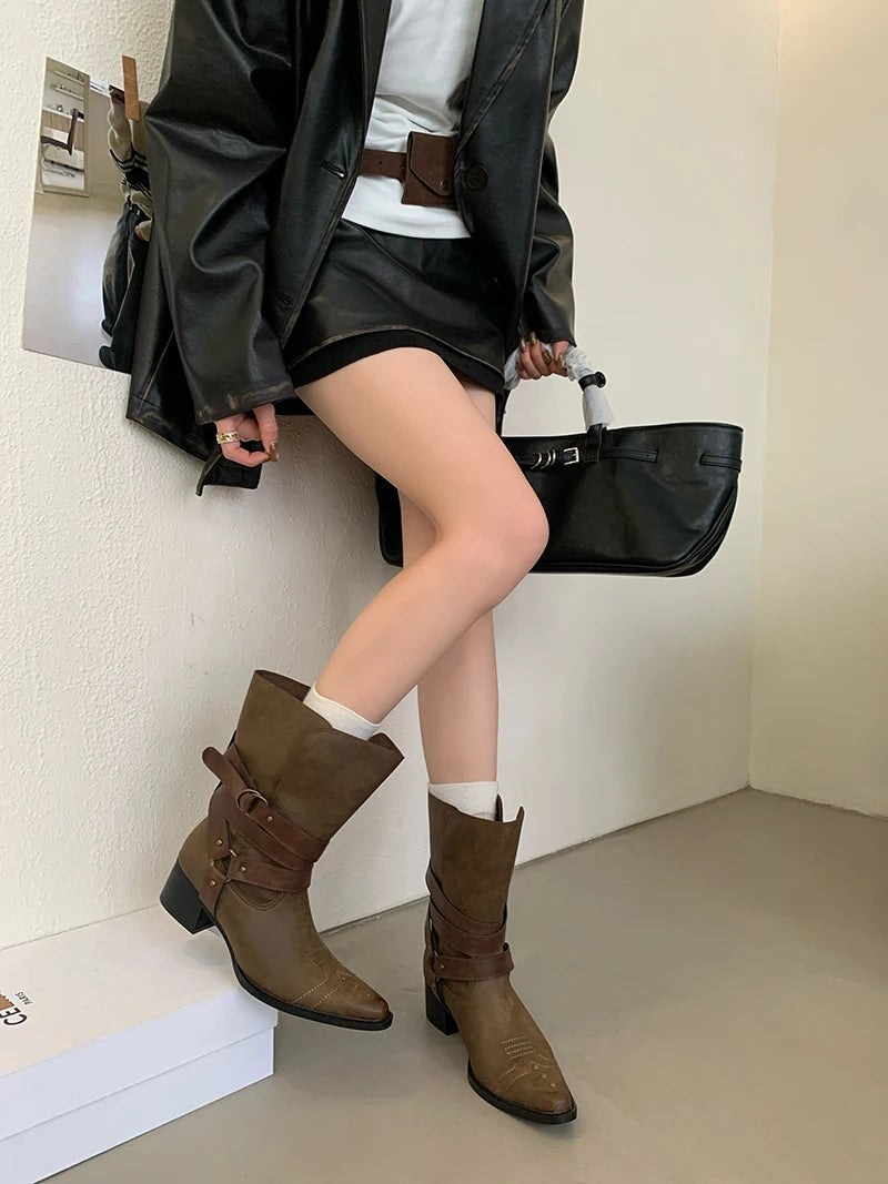Aiertu    -  Black Chunky Heels Ankle Boots Woman Pointed Toe Rivet Fall Shoes Belt Buckle Western Style Cowboy Boots Zapatos Mujer Aiertu