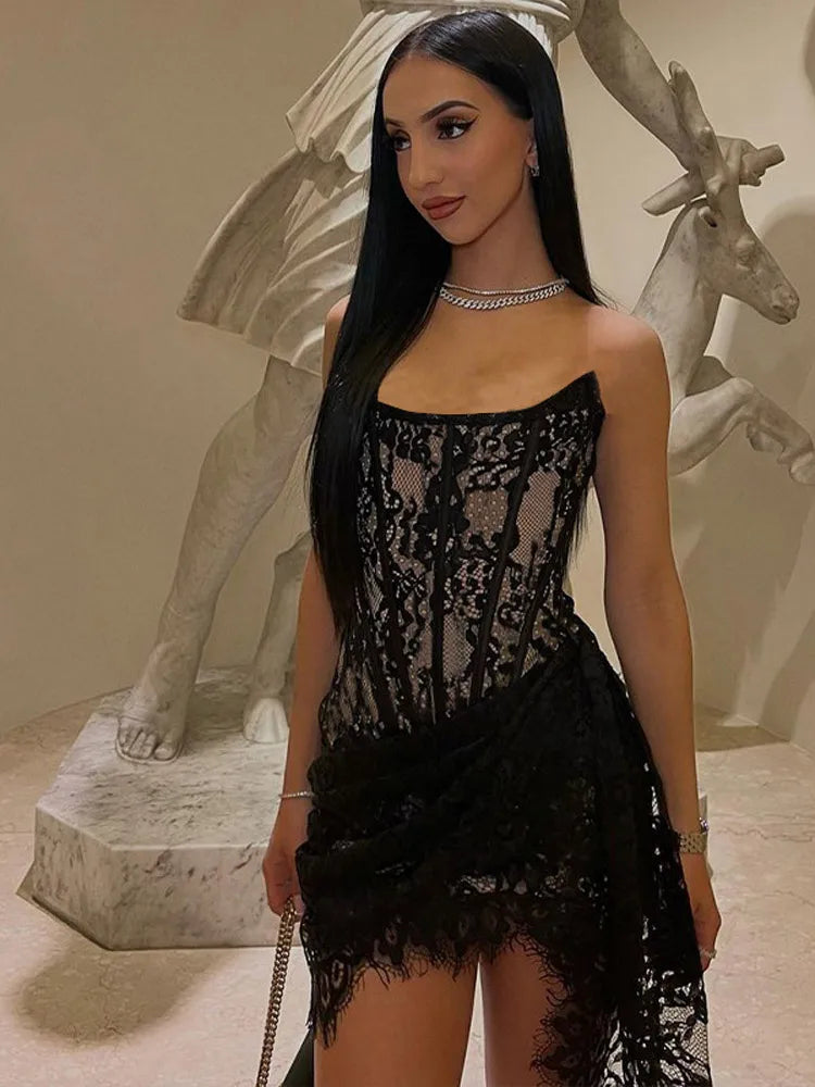 Aiertu  -  Women Lace Half See Through Irregular Pleated Mini Dress Sexy Strapless Backless Wrap Waist Short Robe Female Night Club Vestido Aiertu