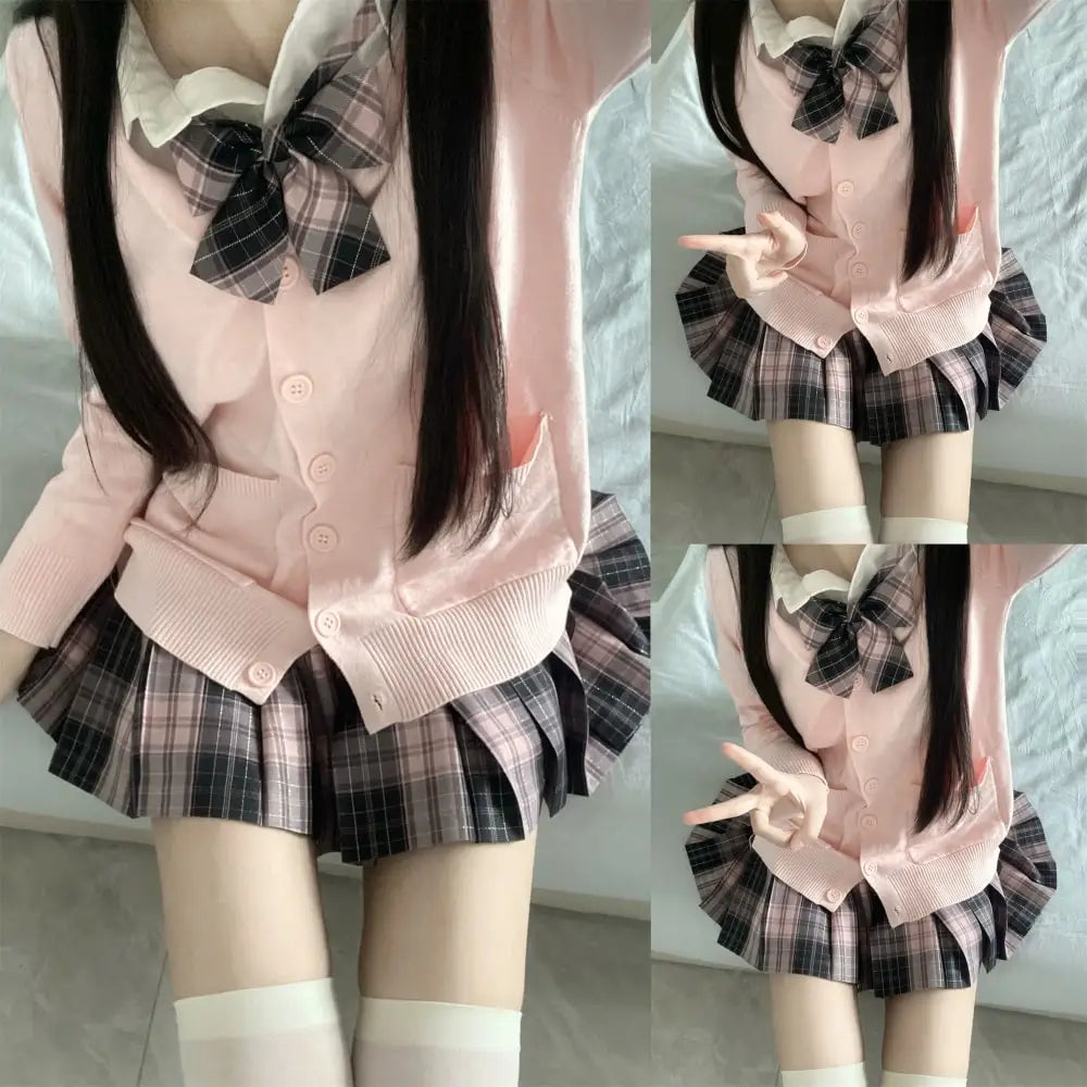 Aiertu 3Pc Set Japanese Korean School Uniforms Multicolor Sweater&Plaid Pleat Skirt with Bow Jk Uniform Suit Graduation Costumes Women Aiertu
