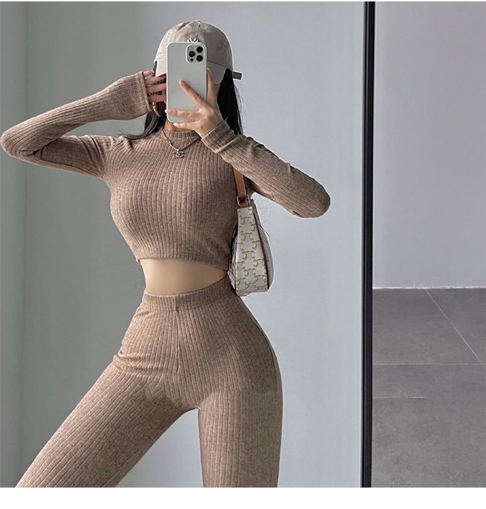 Aiertus Solid Color Ribbed Slim Long Sleeve Cropped Top High Waist Pants Matching Set Aiertu