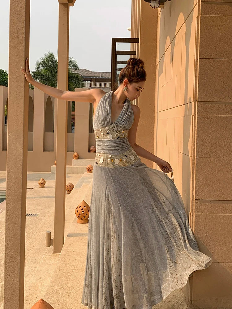 Aiertu  -  Sweet Hot Girl Retro Halter Strap V-neck Dress Women's Spring/summer Pure Sexy A-line Party Long Dress Fashion Female Clothes Aiertu