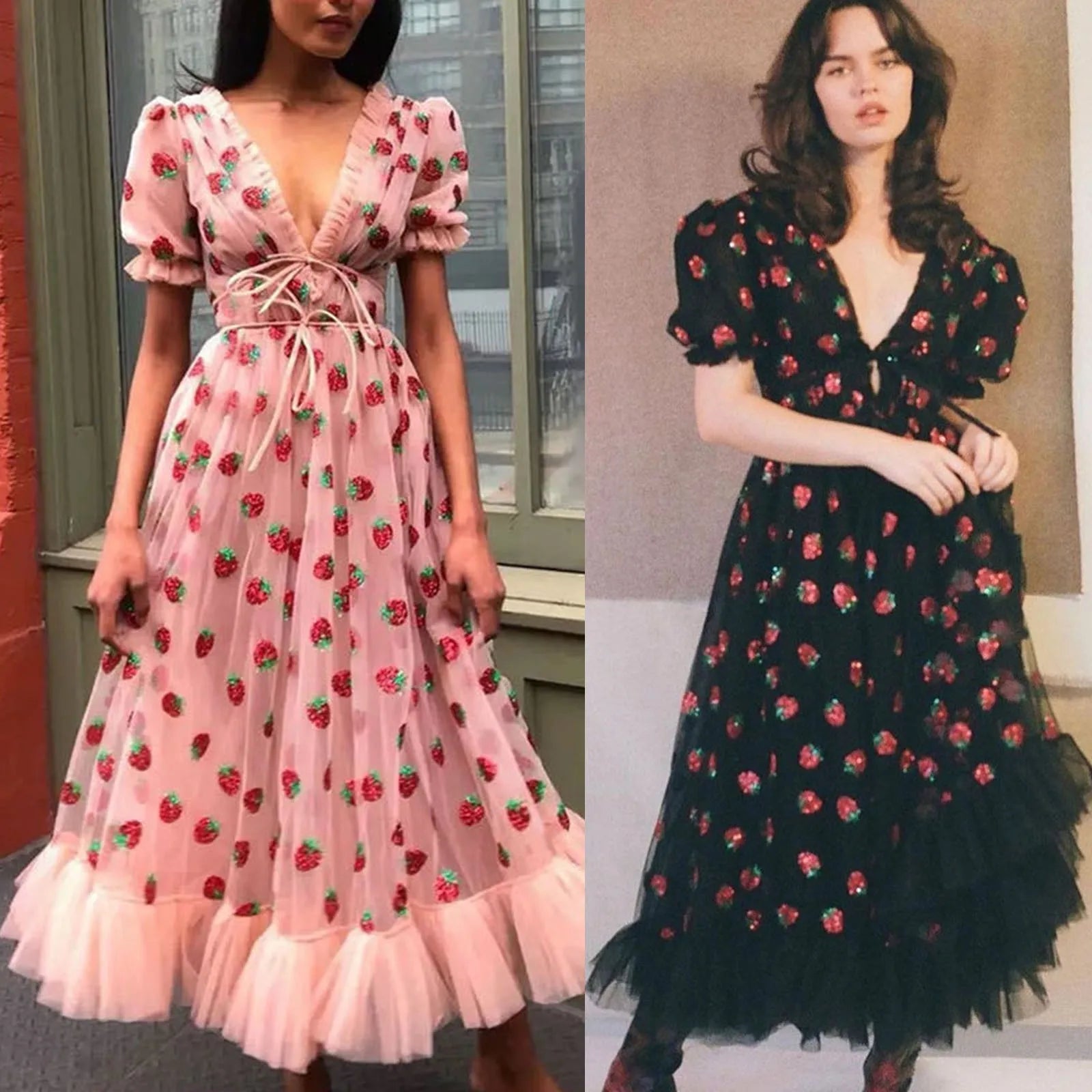 Aiertu  -  Women Strawberry SequinsEmbroidery Mesh Round Neck Tunic Party Dress Bride Female Luxury Vestidos Para Mujer Pretty Aiertu