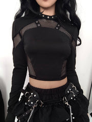 Aiertu - summer inspo Punk Style Metal Eyelet Black Long Sleve T Shirt Women Dark Academia Mesh Patchwork Chic Tee Halloween Streetwear Aiertu