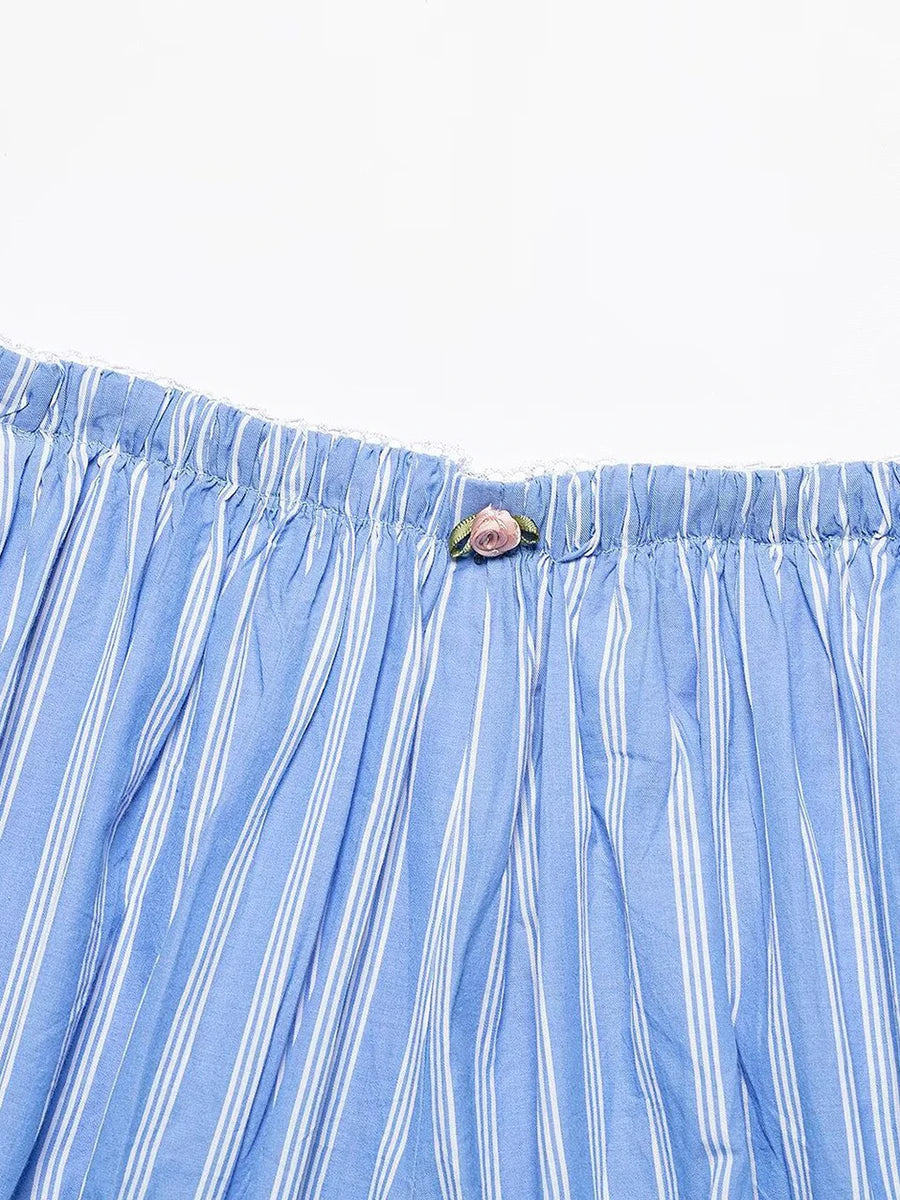 Aiertu  -  Blue Striped Casual Shorts Women Summer Flower Elastic Mid Waist Short Pants Streetwear Fashion Simple Mini Shorts 2025 New Aiertu