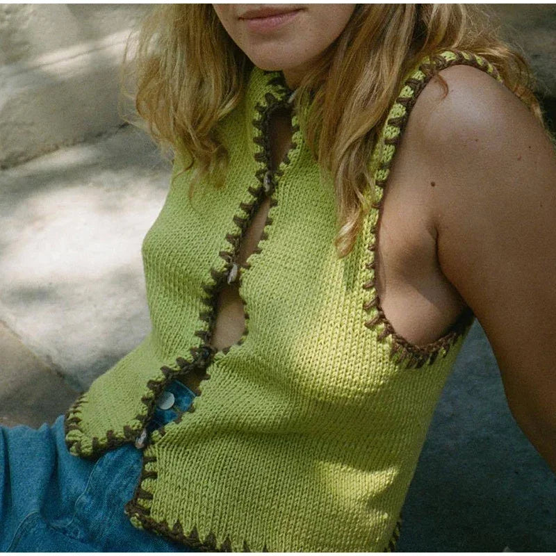 Aiertu  -  Casual Knitted Contrast Vests Women Single Breasted Hollow Out O-neck Sleeveless Tank Tops 2026 Summer Fall New Lady Streetwear Aiertu