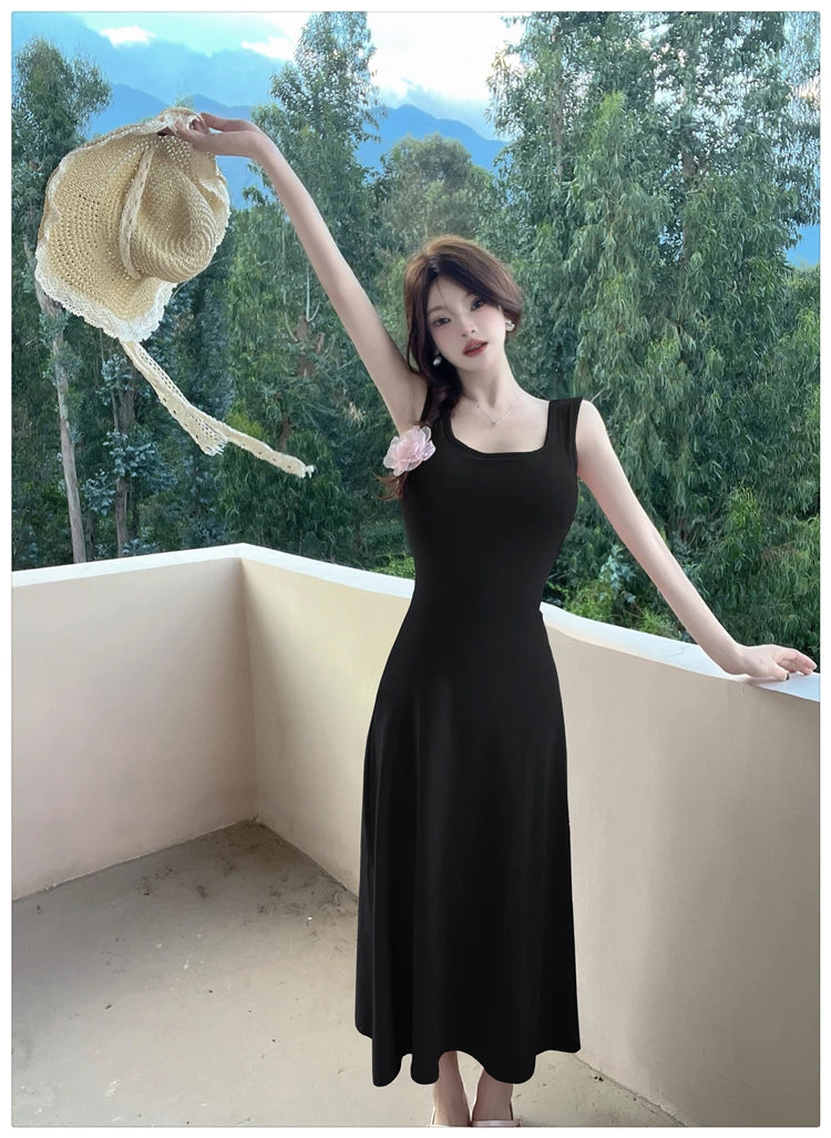 Aiertu  -  Spice Girl Sexy Strap Dress Women's Summer Sleeveless Slim A-line Solid Color Long Dress Fashion Female Clothes Aiertu