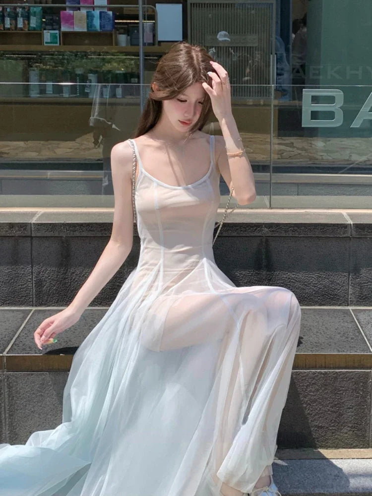 Aiertu  -  Summer Elegant Lace Midi Dress Women Casual Y2K Beach Evening Party Sleeveless Strap Dress One Piece Dress Korean Fashion Chic Aiertu