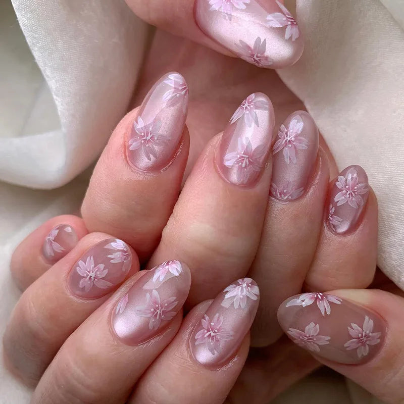 Aiertu  -  24pcs Simple Oval Fake Nails Fashion Cat's Eye Short Almond False Nail Wearable Flower Full Cover Nail Tips Pink Press on Nails Aiertu