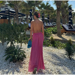 Aiertu  -  Sexy Backless Lace Up Crop Top Beach Skirt Set Burgundy Open Back Sling Top Pleated Fold Skirts Summer New 2 Piece Outfit Women Aiertu