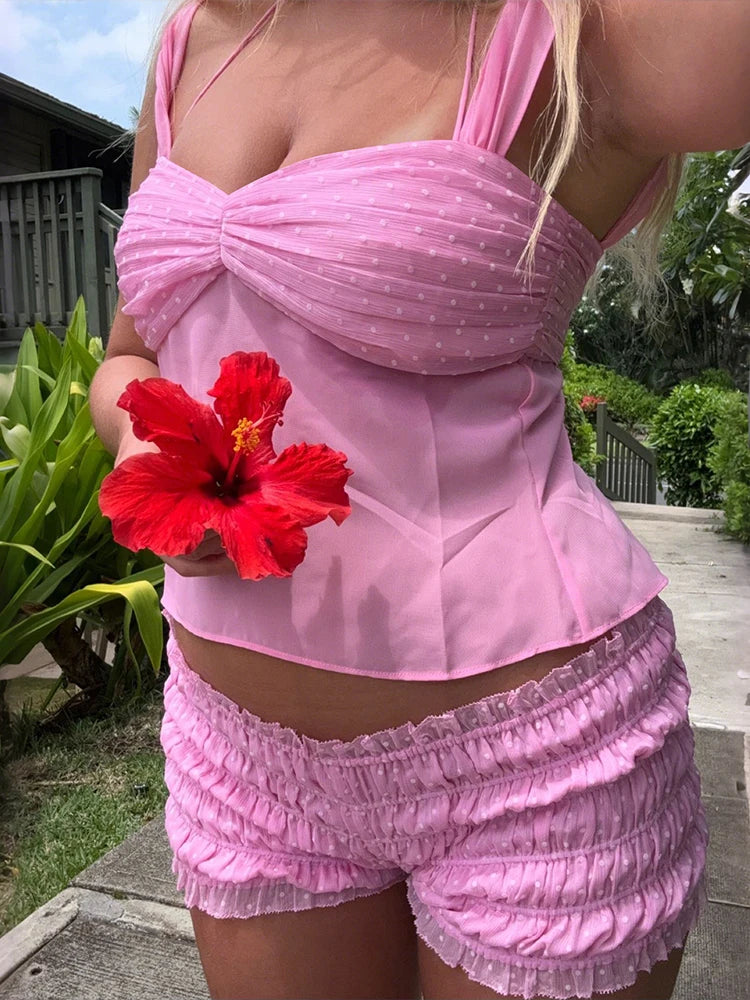 Aiertu  -  Vacation Polka Dots Print Women 2 Piece Set Backless Shirring Patchwork Strapless Camisole+Ruched Shorts Matching Suit Aiertu