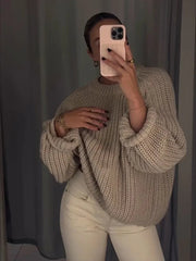Aiertu  -  Oversized Round Neck Sweater Pullover Women Casual Long Sleeves Knitted Pullover 2026 Autumn New High Street Versatile Knitwear Aiertu