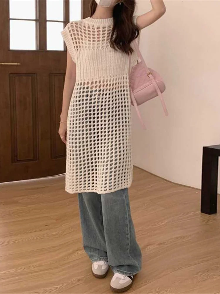 Aiertu  -  Summer Hollow Out Knitted Bandage Women's Dress Loose Casual Streetwear Tank Dresses Sexy Y2k Aesthetic Korean Vestido De Mujer Aiertu