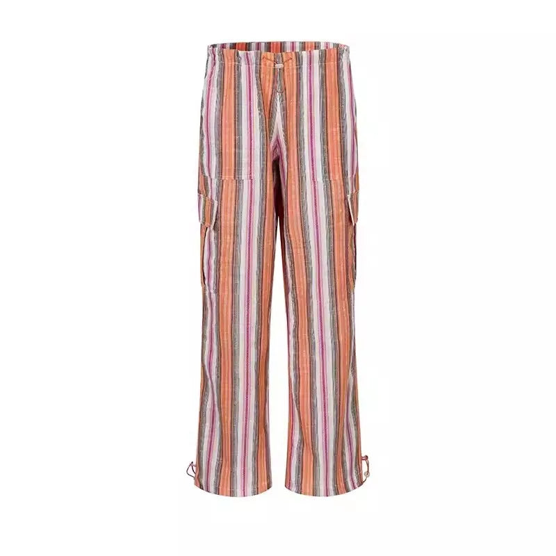 Aiertu  Holiday Striped Women Cargo Pants Flap Pockets Drawstring Waist Casual Cotton Linen Parachute Pants Vintage Workwear Aiertu