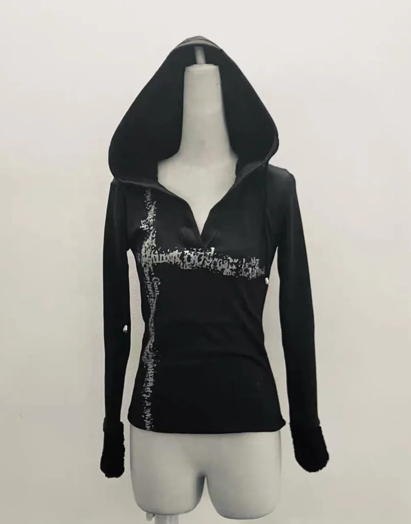 Aiertu  -  Y2k Aesthetic Fur Patchwork Long Sleeve T-shirt Women Gothic Punk Hooded Drawstring Tshirts Grunge Print Slim Fit Vintage Tees Aiertu