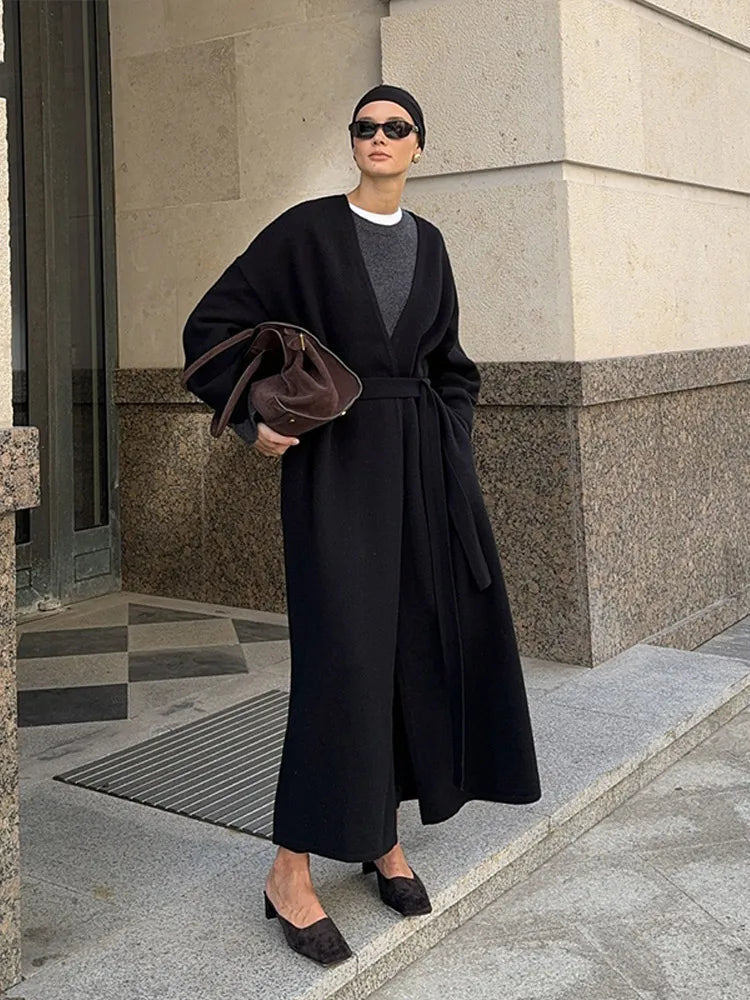 Aiertu  -  Elegant Solid Knitted Women Cardigan Long Sleeve Loose Female Coat 2024 Casual Lace Up Belt Lazy V-neck Lady Knitwear Coats Aiertu