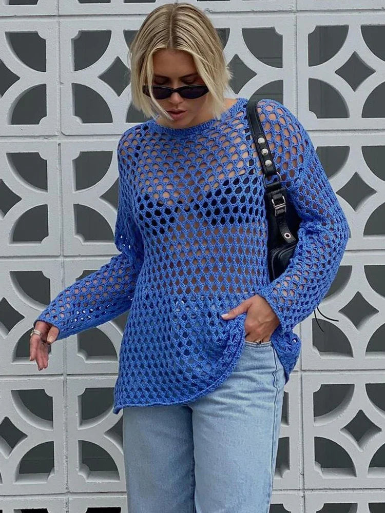 Aiertu  -  Sexy Hollow Out Knit Cover Up Dress For Women See-Through Loose Beach Holiday Mini Dress Summer Splice Knitwear Cover up Aiertu