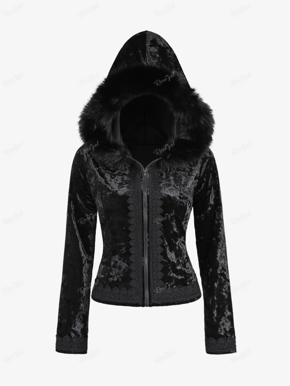 Aiertu  -  Plus Size Gothic Fur Coats Black Full Zipper Applique Panel Fur Trim Fluffy Collar Long Sleeves Velvet Coat Outwears Aiertu