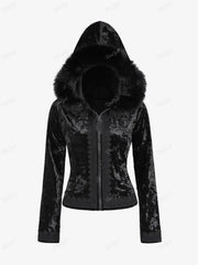 Aiertu  -  Plus Size Gothic Fur Coats Black Full Zipper Applique Panel Fur Trim Fluffy Collar Long Sleeves Velvet Coat Outwears Aiertu