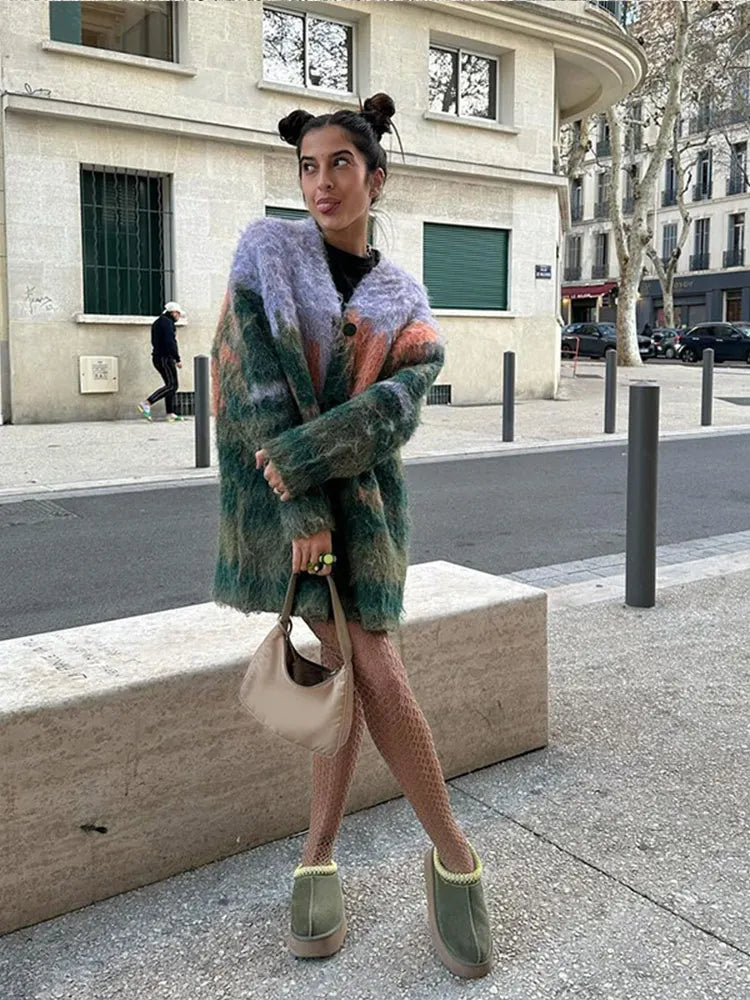 Aiertu  -  Autumn New Mohair Print Knit Cardigan Coat Oversize Single Breasted Long Sleeve Sweater Tops 2026 Office Lady Commute Streetwear Aiertu