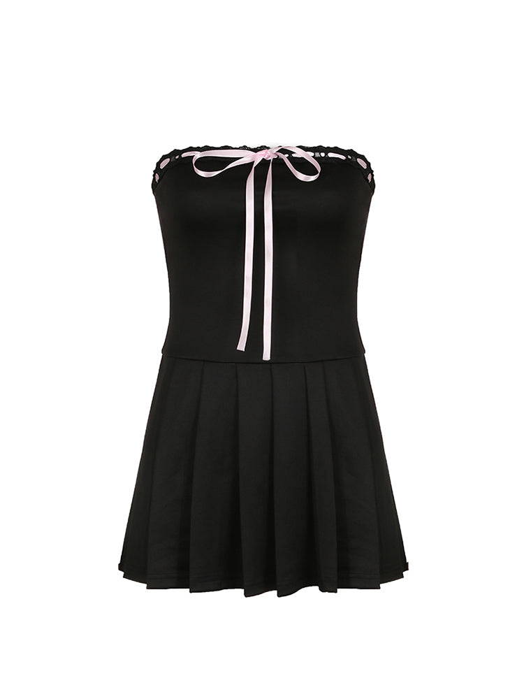 Aiertu - summer inspo Korean Fashion Contrast Tie Bow Strapless A Line Pleated Dress Women Cute Sweet Kawaii Clothing Aiertu