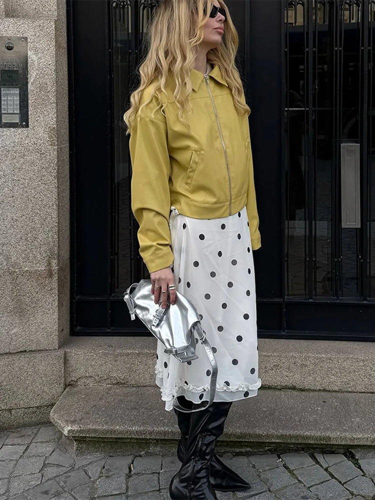 Aiertu  -  Zipper Lapel PU Leather Jacket Coat Vintage Pocket Cargo Jackets Baggy Women Short Outwear Top Lemon Yellow Overcoat Streetwear Aiertu