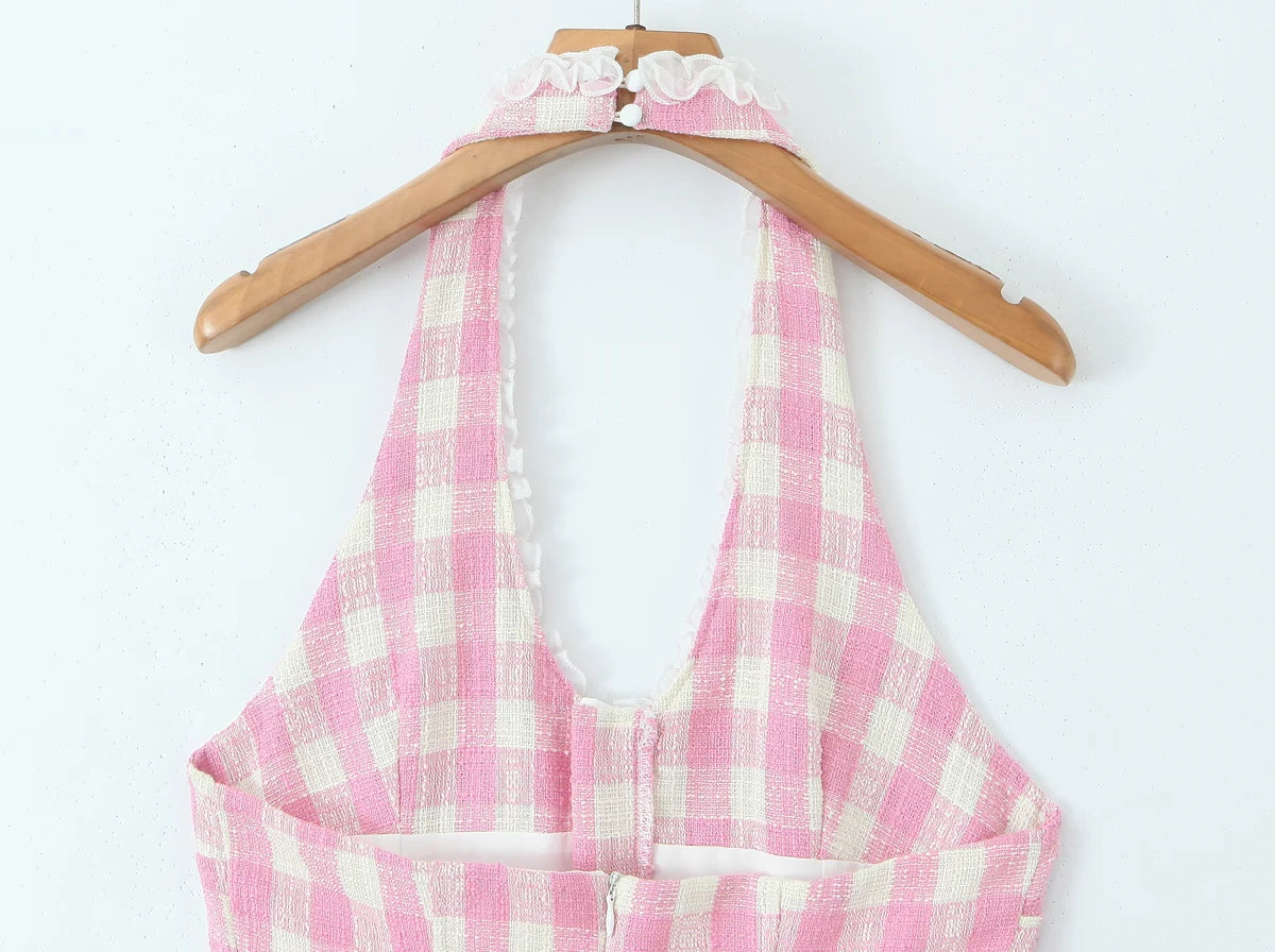 Aiertu  -  Sexy Gingham Pink Plaid Spliced Wood ears Lace Halter Dress Women V neck Slim Low Waist Swing Ball Gown Short Dresses Robe Aiertu