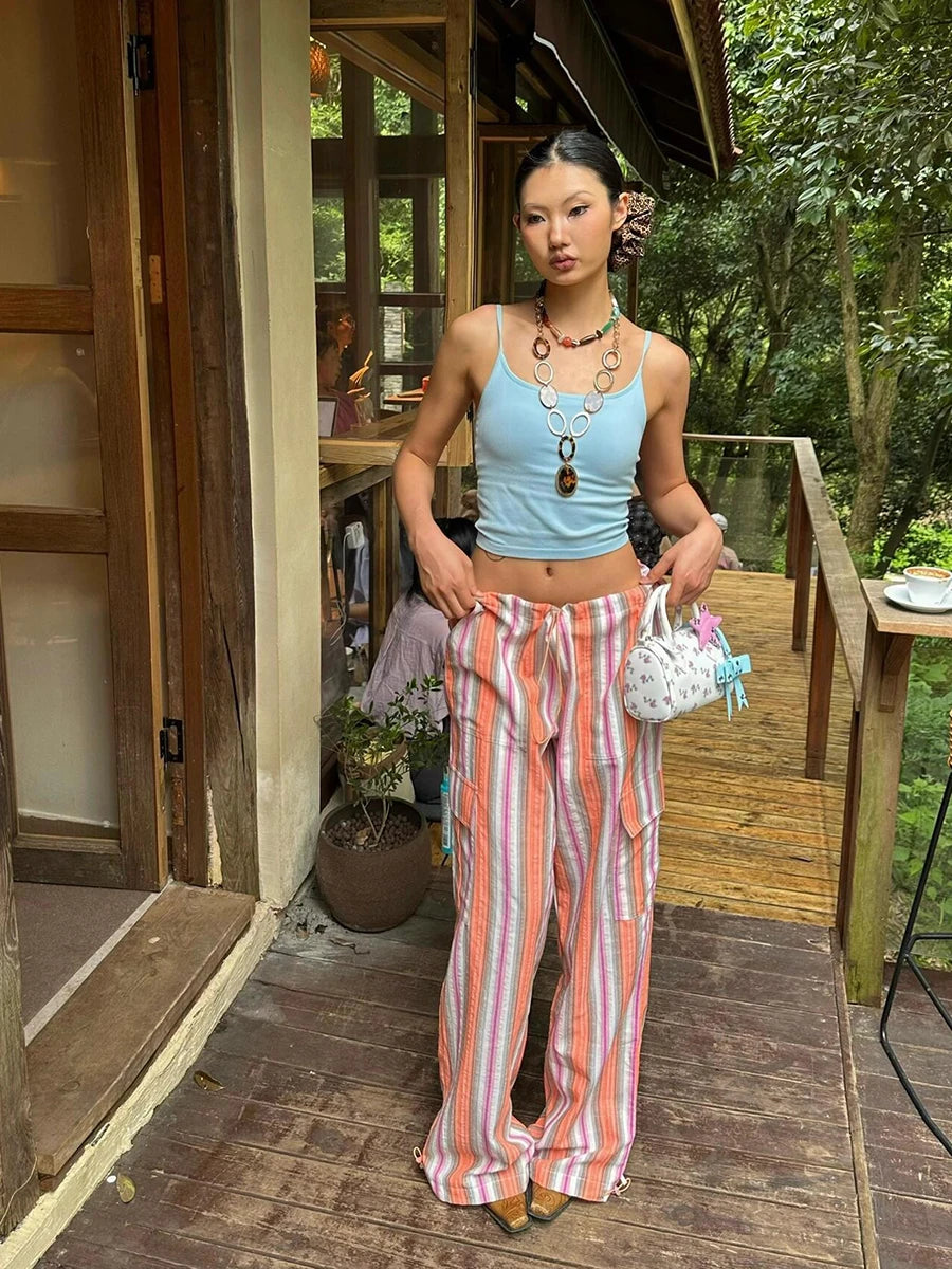 Aiertu  Holiday Striped Women Cargo Pants Flap Pockets Drawstring Waist Casual Cotton Linen Parachute Pants Vintage Workwear Aiertu