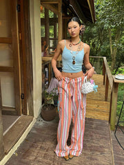 Aiertu  Holiday Striped Women Cargo Pants Flap Pockets Drawstring Waist Casual Cotton Linen Parachute Pants Vintage Workwear Aiertu