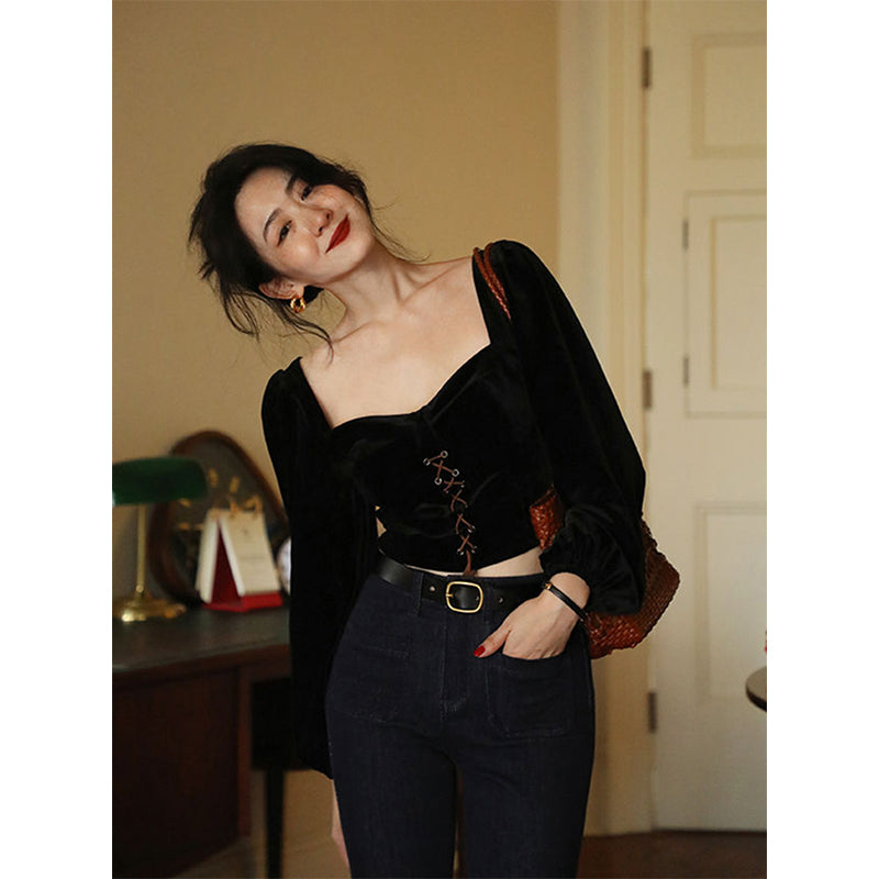 Aiertu Vintage Cropped Velvet Shirts Women Black Square Collar Bandage Blouses Office Ladies Elegant Long Sleeve Slim Tops New Aiertu