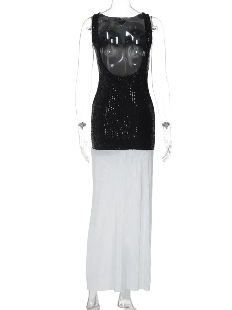 Aiertu  -  2026 Autumn New in Backless Sequins Patchwork Long Party Dress Women's Sexy O-neck Sleeveless Bodycon Tank Dresses Streetwear Aiertu