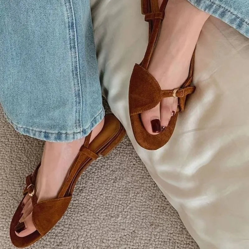 Aiertu  -  Women's Fashion Sandals New Summer Round Head Soft Frosted Open Toe Hollow Belt Buckle Flats Aiertu