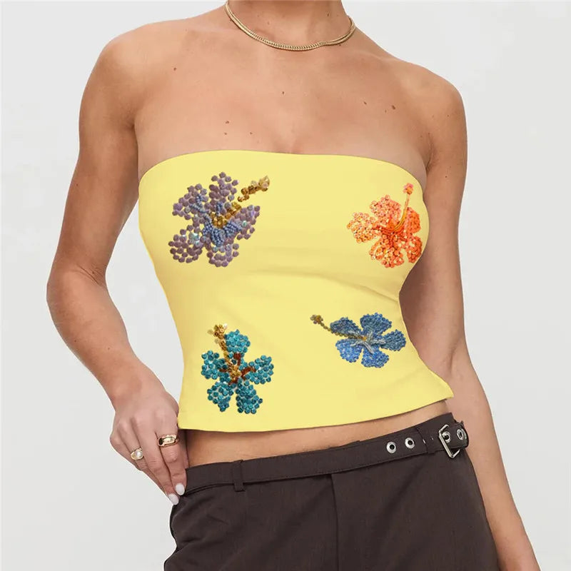Aiertu  Womens Sequin Strapless Tube Top Y2k Sparkle Floral Sleeveless Backless Slim Fit Floral Top Off Shoulder Bandeau Tops Aiertu