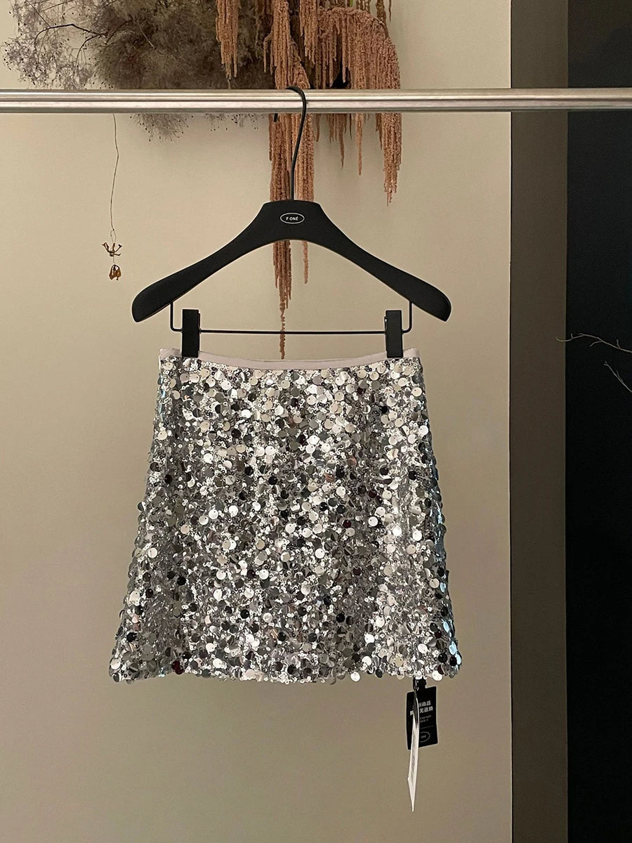 Aiertu  Sequied Sexy Silver Mini Skirts For Women 2025 New High Waist Slim Zipper A-line Party Skirt Simple Fashion Elegant Short Faldas Aiertu