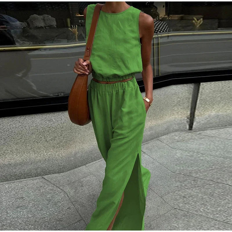 Aiertu  -  Elegant Solid Vest Pants Set Women O-neck Sleeveless Tops High Waist Side Split Trousers 2026 Summer Fashion Lady Office Outfit Aiertu