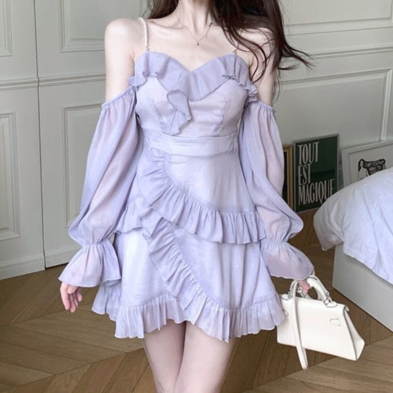 Aiertu Purple Off Shoulder Kawaii Dress Women Ruffle Patchwork Sweet Party Mini Dress Female Korean Fashion Slim Sexy Fairy Dress 2025 Aiertu